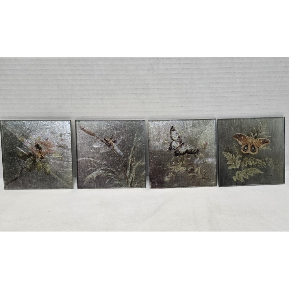 Pier 1 Imports Square Glass Coasters Sous-Verres Metallic Foil Design Set/4 EUC